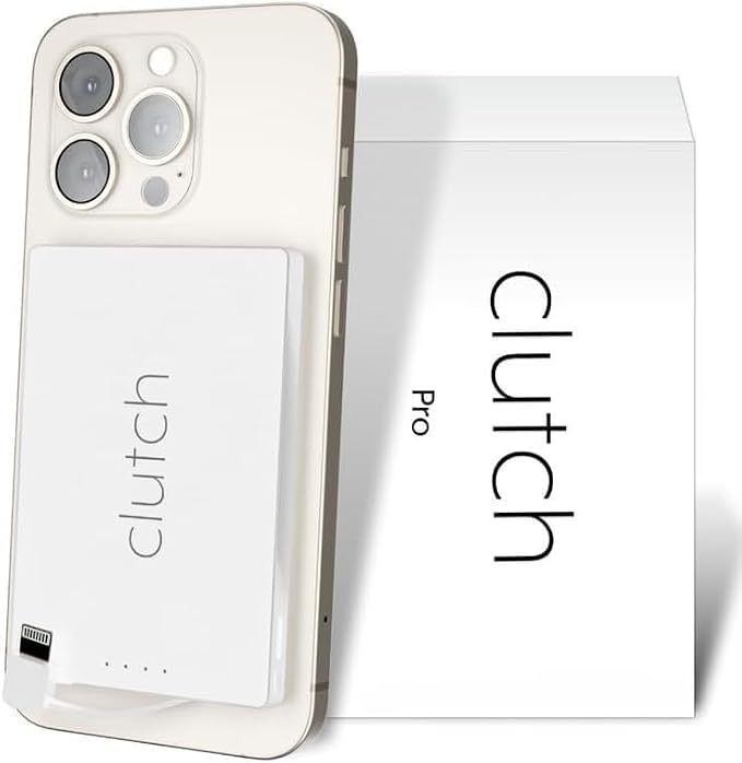 Clutch Pro – World's Thinnest iPhone Charger – Portable Power Bank 5000mAh – Magnetic Built-in Lightning Cable – TSA Approved Travel Charger – iPhone 14 & Earlier – White