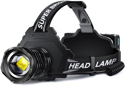 AKNEAR Rechargeable LED Headlamp Super Bright, 99000 High Lumens Head Lamp Zoomable, 25Dys+ Runtime & 12 Mode & Lightweight Comfort & 125° Adjustable Waterproof Head Light for Outdoor