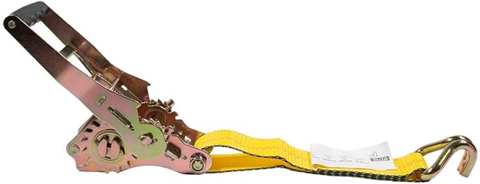 Mytee Products 2 Pack 2" x27' Self-Tensioning Ratchet Strap with J Hooks - 10,000 lbs BS - Heavy Duty Tie Down Large Bar Handle and Cargo Straps with Wire Hooks for Flatbed, Trucks, Pickup - Yellow