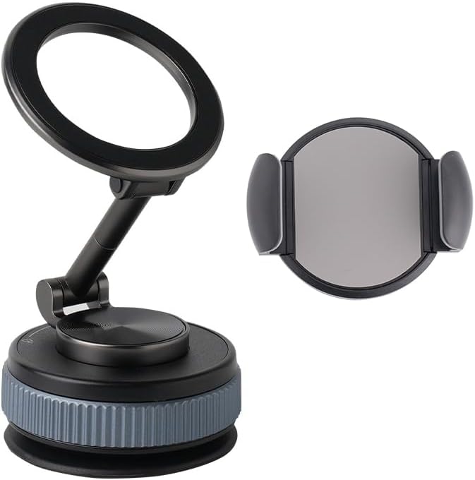 [Newly Upgraded] Metal Magnetic Car Phone Holder | Dual Insurance of Vacuum + Adhesive | 360° Rotation Without Dead Angle | Magnetic Ring Included‌(for iPhone & Android) (Black+Clip)