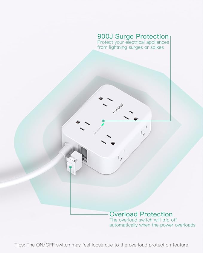 Power Strip Surge Protector - Flat Plug, 8 Wide Outlets with 4 USB Ports (1 USB C), 5FT Heavy Duty Extension Cord with Multiple Outlets, Wall Mount, Charging Station Overload Protection for Home Dorm
