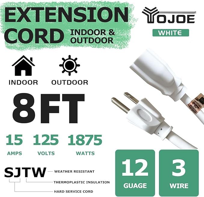 YOJOE Indoor Outdoor Extension Cord, 3 Prong 15A Weatherproof Power Cord, 12 Gauge Heavy Duty 8 ft White Extension Cord for Garage, Garden and Home, 12/3 SJTW UL Listed