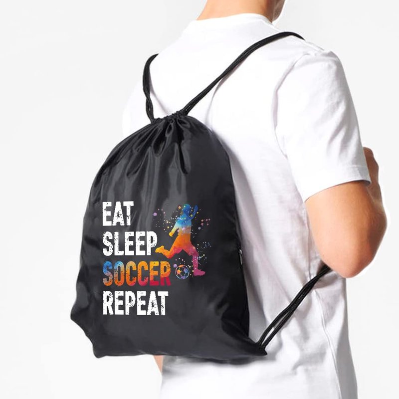 Pishovi Eat Sleep Soccer Repeat Drawstring Waterproof Backpack, Soccer Sports Bag for Man Women, Soccer Player Gifts, Soccer Gift for Soccer Lover Soccer Fan, Soccer Lover Gift Idea (A)