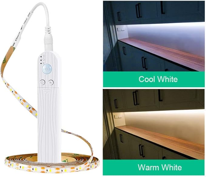 LED Under Cabinet LED Strip Motion Sensor, Battery Powered Bed Stairs Wardrobe Lamp Tape, Waterproof 5V LED Closet Smart Night Strip Light (1M, Warm White)