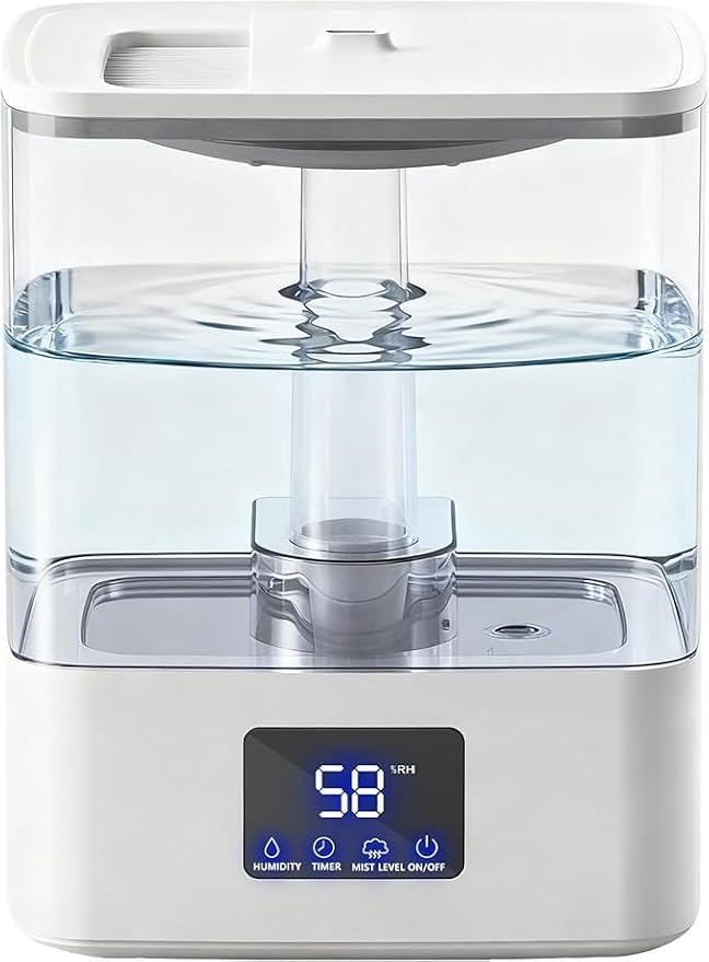 KZF 4L Top Fill Humidifiers for Bedroom & 60H Runtime - Cool Mist Humidifier, 3 Mist Levels, 8H Timer, Essential Oil Tray, Humidity Display, Quiet for Bedroom, Baby, Plants, Large Room (White, 4L)