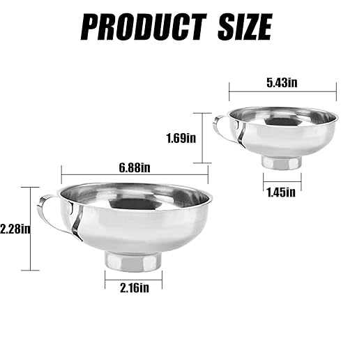 Funnel Set - 2Pcs Stainless Steel Ideal for Canning and Filling Wide Mouth or Regular Jars. This Durable Funnel Features a Handle for Easy Pouring and is Made of Stainless Steel for Long-Lasting use.