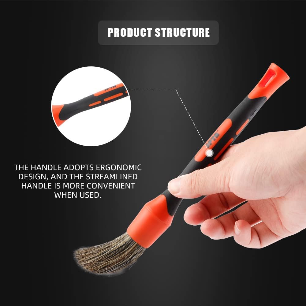 SPTA Car Detailing Brush Set, 5 Pack Soft Boar Hair Auto Detail Brush Kit with Elbow for Automotive Elegant Surface Interior Exterior Dashboard Emblems Panels Engine Bay Wheels Air Vent Seat Leather