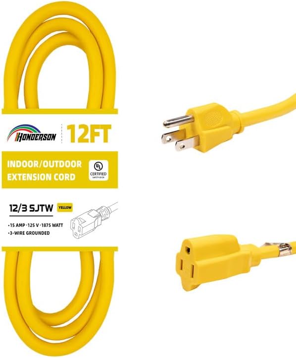 Indoor Outdoor Extension Cord Weatherproof, UL Listed, 12 Gauge 12FT Yellow 3 Prong Heavy Duty, 12/3 SJTW 15A Power Cord for Outdoor Lights, Appliances, Lawn