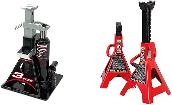Powerbuilt Alltrade 640912 Black 3 Ton, All-in-One Bottle Jack & Big RED T43202 Torin Steel Jack Stands: 3 Ton (6,000 lb) Capacity, Red, 1 Pair