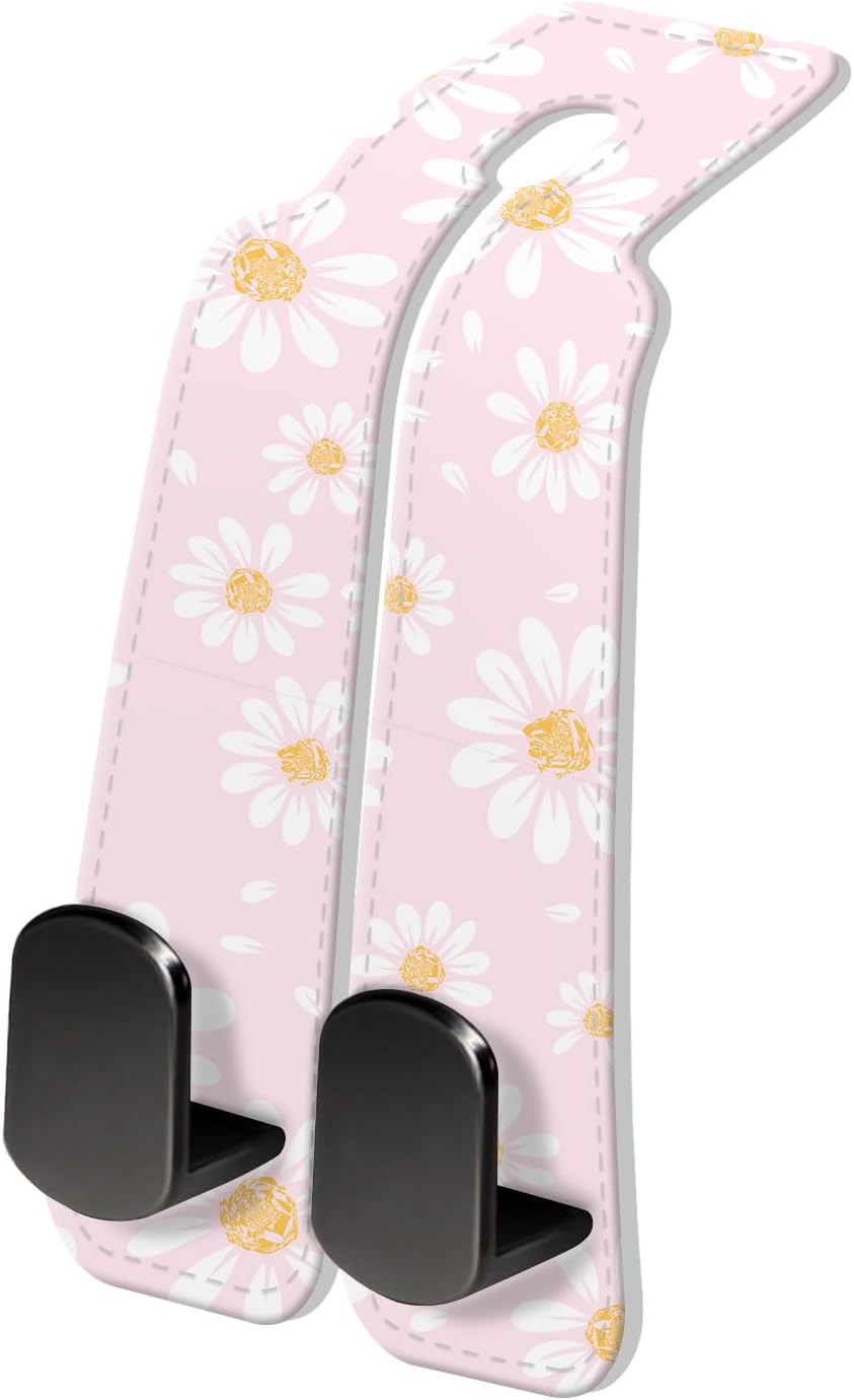 PU Leather Car Seat Hook, Storage Headrest Hanger, Cute Car Backseat Organizer, Car Hooks For Purses and Bags Cute Pink Daisy