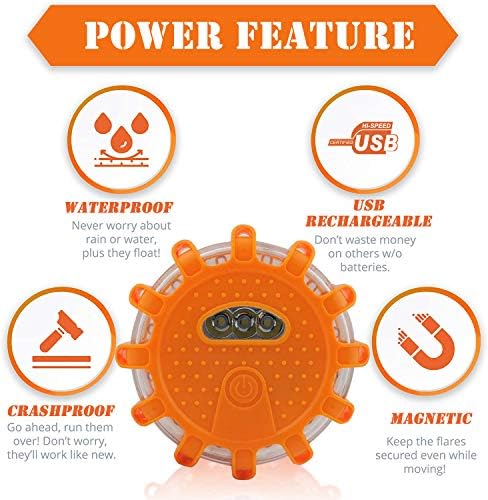 Ecoangel USB Rechargeable LED Road Flares Emergency Lights-Roadside Warning Car Safety Beacon Flashing Disc Flare Kit with Magnetic Base for Vehicles & Boat | 3 Beacon Disc Pack