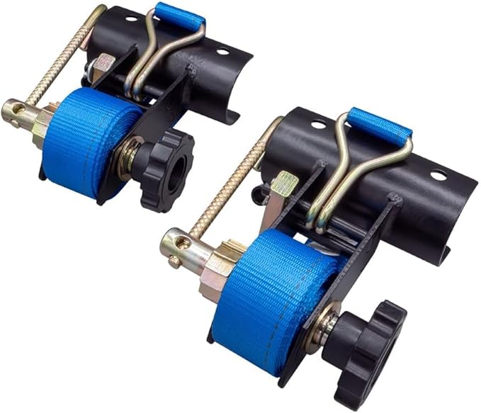 Mytee Products 4 Pack 1-1/2"x7' Blue Ladder Rack Ratchet Straps with J-Hook (Pair) - 500 lbs 2" Black Round Tube Mount - Retractable Ratchet Tie Down Strap for Roof Rack