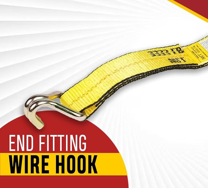 Mytee Products 4 Pack 2 Inch x 50 FT Heavy Duty Ratchet Straps with Double J Hooks | 10,000 lbs. Breaking Strength Yellow Tie Down Straps w/Wire Hooks for Industrial Use, Trailers, Truck & Cargo.