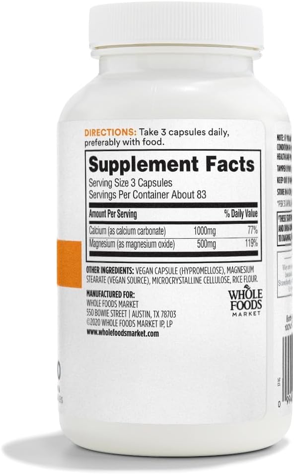 365 by Whole Foods Market, Cal-Mag 2:1 Ratio, Easy-to-Swallow Vegan Capsules, 250 Count