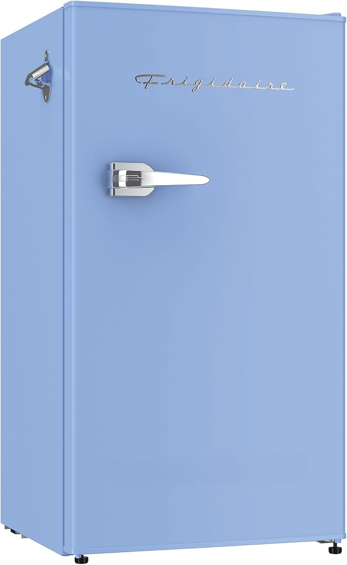 Frigidaire Retro Compact Fridge with Chiller, 3.2 cu ft Countertop Fridge with Built-In Bottle Opener, Compact Refrigerator for Office, Bedroom, Dorm Room or Cabin - 16.5" D x 19" W x 31" H (Blue)