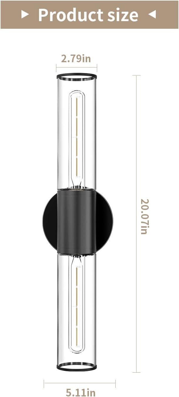 Bathroom Vanity Light Fixture, 2-Light Black Wall Sconce Lighting Fixture with Clear Glass, Indoor E26 Stocket Wall Lamp for Mirror Living Room Hallway(Bulb Not Included)