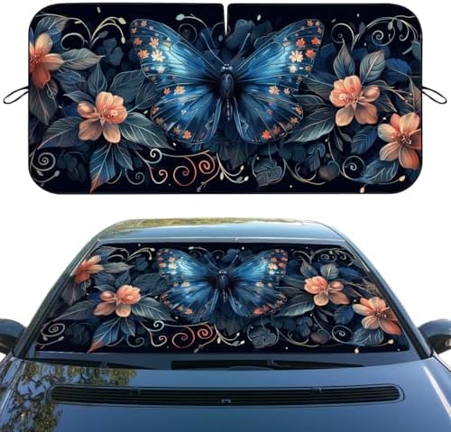 Blue Butterfly Car Windshield Sunshade Folding Retro Flowers Leaves Heatshield Front Window Car Sun Shade Windshield Block UV Rays Sun Shade Visor Protector for Car Sedan Truck SUV Accessories