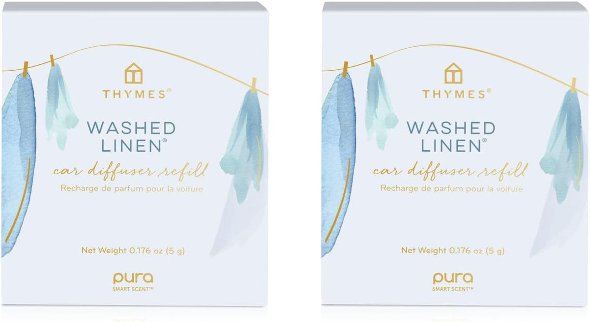 Thymes Pura Car Diffuser Refills – 2 Pack of Vehicle Air Fresheners – Air Freshener Car Accessories for Women & Men – Notes of Cedar Wood, Lavender & White Pepper (Washed Linen, Pack of 2)