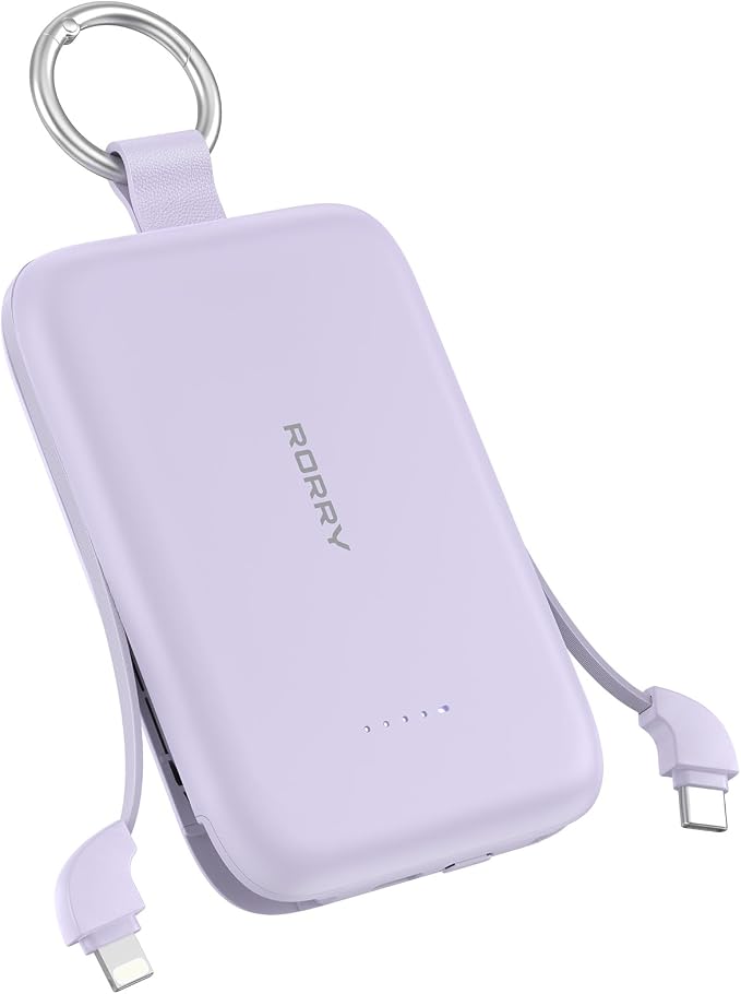 RORRY Portable Charger, 10000mAh PD 30W Fast Charging Portable Charger Power Bank with Built-in Cables, Travel Keychain Charger Battery Pack for iPhone 17/16/15/14/13/12, for AirPods 2/3/4/Pro, Purple