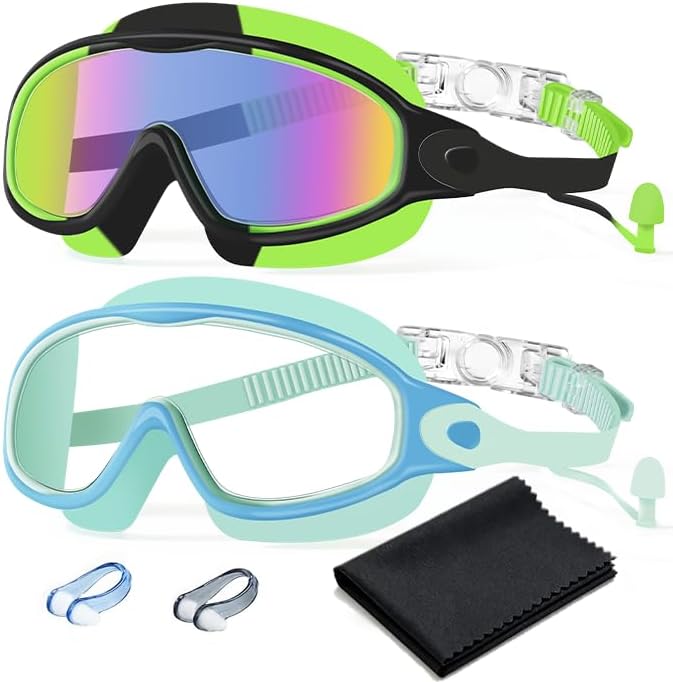 Skiennix Swim Goggles - Anti-Fog & UV Protection | Wide View, No Leakage, 2 Pack for Kids 3-15 with Earplugs