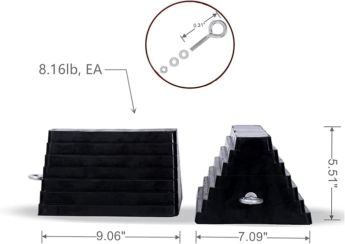 Wheel Chocks Rubber Heavy Duty Wheel Chocks for Travel Trailers with Eyebolt 9.06" x 7.87" x 5.51" 2 Pack（Highlight Black）