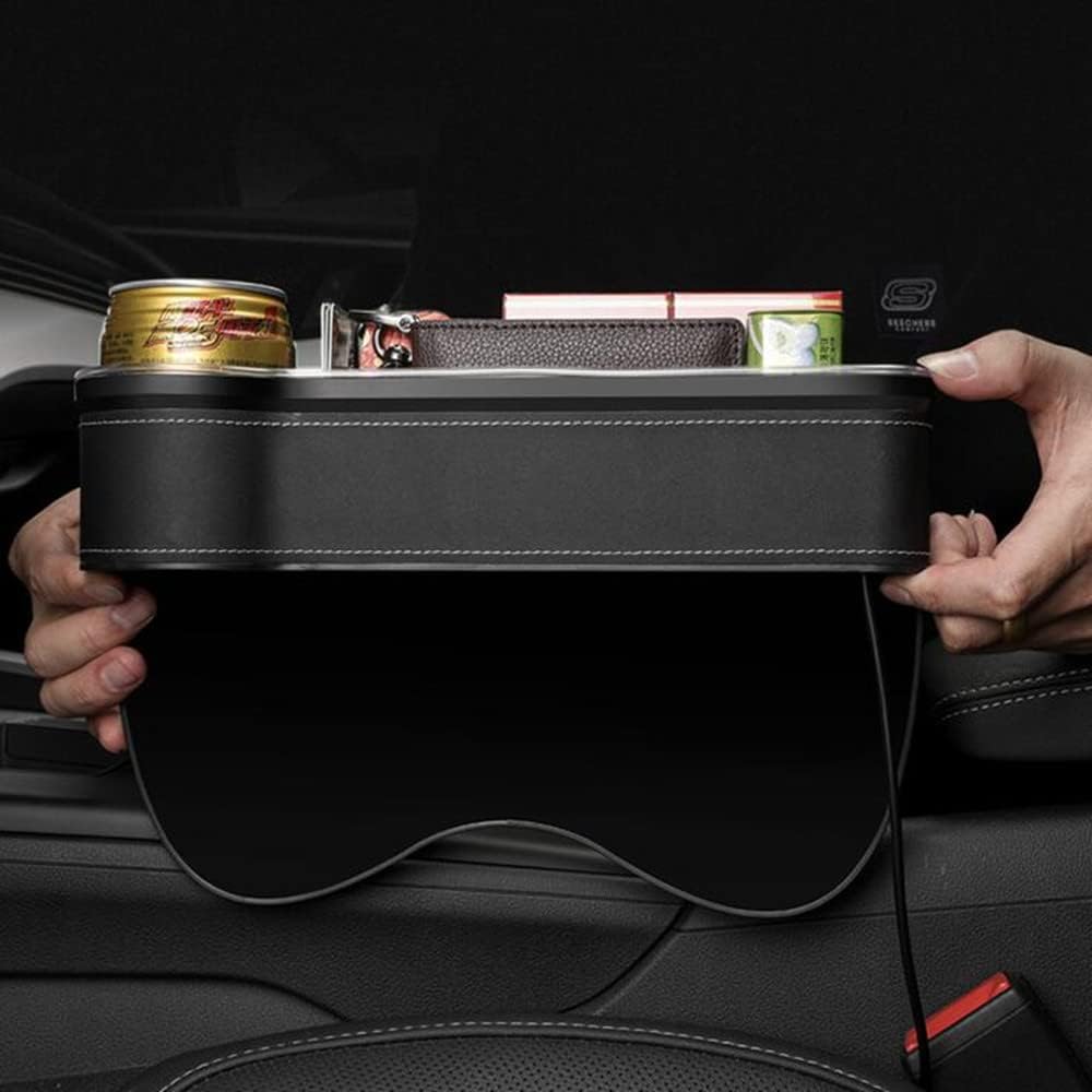 Tumecos Car Seat Gap Organizer with Light Multifunctional,with Small Cup Holder, Storage Box Car Seat Organizer, Car Seat Gap Filler with 2 USB Super Fast Charge Ports(Beige, Passenger’s Side)