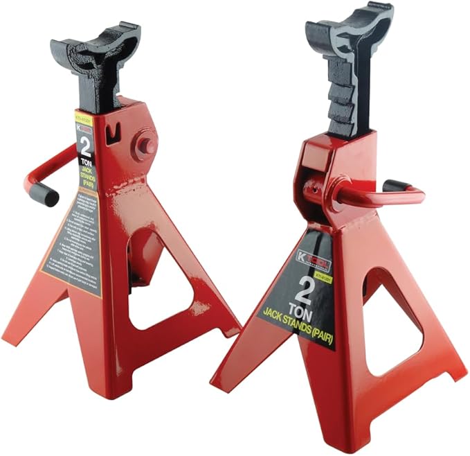 K Tool International 61201 2 Ton Automotive Jack Stands for Garages, Repair Shops, and DIY, Lightweight, 4,000 lbs. Capacity, Heavy Duty Steel Frame, Adjustable Height 10.75"-16.73", Red/Black, Pair