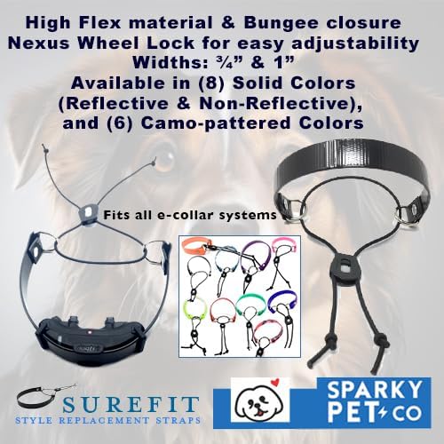 Sparky Pet Co - Surefit ECollar Replacement Strap - Bungee Dog Collar - Waterproof - Adjustable - Secure Nexus Wheel Lock - for Electronic Training & Invisible Fence Systems - 1" (Reflective Black)