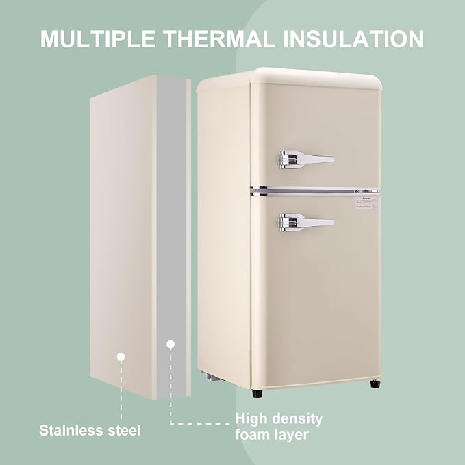 Mini Fridge with Freezer, 3.2 Cu.Ft Retro Double Door Refrigerator with 7 Level Thermostat, Adjustable Removable Glass Shelves for Bedroom Office Apartment Dorm Bar (CREAM, 3.2 Cu.Ft.)