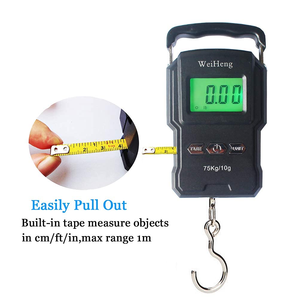 Skiennix Rechargeable Luggage Scale - Portable Digital Hook Scale with Measuring Tape, 165Lb Capacity, Black