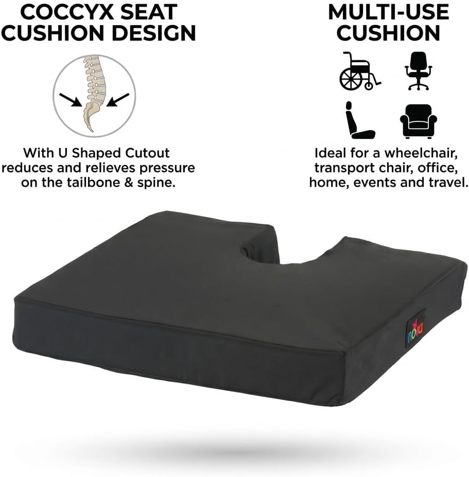NOVA U-Cut Coccyx Wheelchair Cushion 18" x 16" – Orthopedic Foam Seat Pad for Tailbone Pressure Relief & Spine Support – Secure Non-Slip Bottom with Velcro Straps – Removable Washable Cover