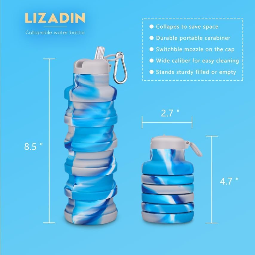 Skiennix Collapsible Water Bottles - 2 Pack BPA-Free Silicone Travel Bottles | Lightweight & Portable (Black & Aqua Blue)