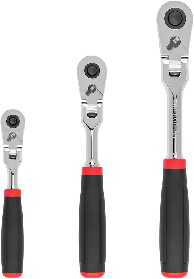 TEKTON 1/4, 3/8, 1/2 Inch Drive Flex Head Quick-Release Comfort Grip Ratchet Set, 3-Piece (6, 8, 10-1/2 in.) | SRH99120