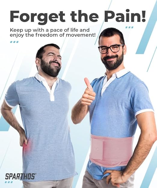 Sparthos Back Support Belt - Immediate Relief from Back Pain, Herniated Disc - Breathable Brace With Lumbar Pad - Lower Backbrace - For Men & Women - Fits 24–31″ Waist (Pink-XS, Check Size Chart)