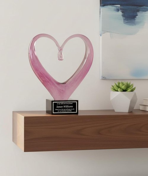 Award for Wife - Pink Heart Shaped Art Glass - Customized Trophy for Wife of The Year, Mom or Girlfriend - Personalized Gifts for Women - 9 Inches Tall