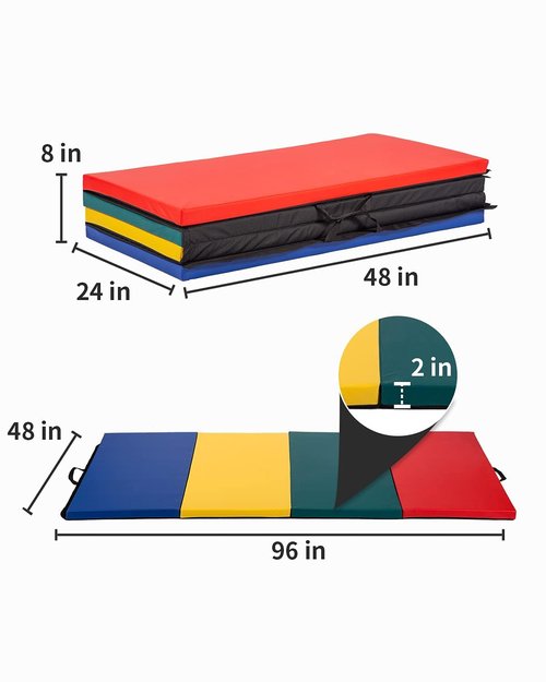 Exercise Mat 4'x8'x2" Gymnastics Mat 4 Folding Gymnastics Tumbling Mats 2" Thick PU Leather Yoga Mat Portable With Carrying Handles for home Workout outdoor Yoga Pilates