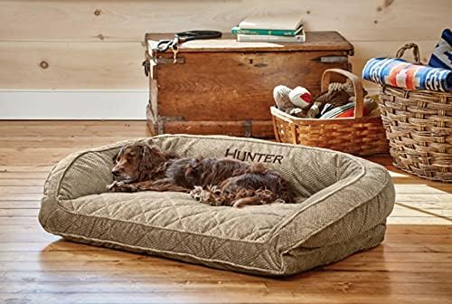 Orvis ComfortFill-Eco Bolster Dog Bed - Plush Rectangular Dog Beds with Three-Sided Bolster for Leaning, Brown Tweed - L