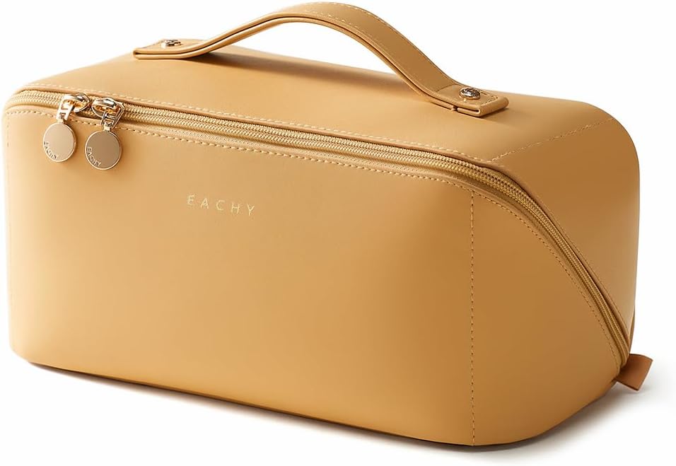 EACHY Travel Makeup Bag for Women, Flat Open Cosmetic Bag, Yellow, Large