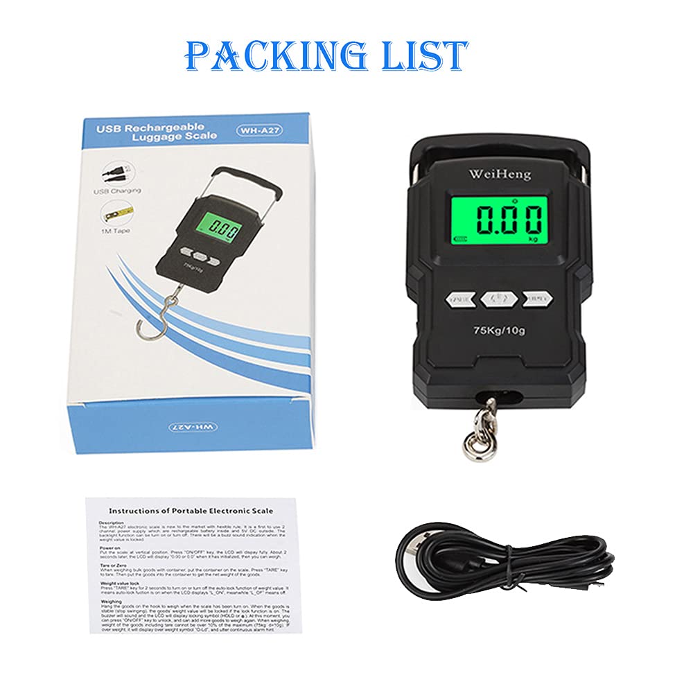 Skiennix Rechargeable Luggage Scale - Portable Digital Hook Scale with Measuring Tape, 165Lb Capacity, Black