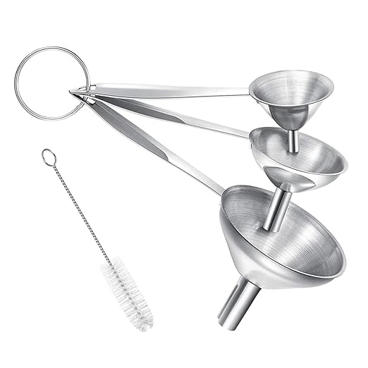 Small Funnels for Filling Bottles, 3 Pcs Stainless Steel Kitchen Funnel Set, Food Grade Mini Metal Funnel for Transferring Oil Liquid, Easy Cleaning with a Brush (Long Handle)