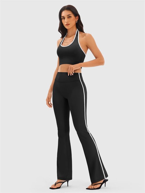 Flare Workout Leggings with Contrast Side Stripes - Track Pants High Waisted Yoga Pants for Women No Front Seam Bootcut Leggings for Gym Pilates
