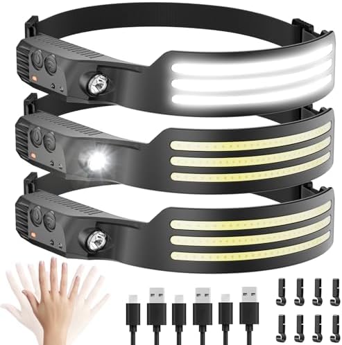 Headlamp Rechargeable 3PCS, Motion Sensor 230° COB Head Lamp, Headlights for Forehead, Hard hat Light for Adults, LED Headband Flashlight for Work, Hiking, Running, Camping Essentials Gear