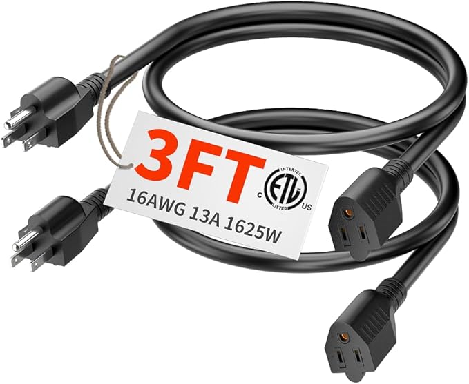 PlugSaf 2 Pack of 3Ft Black Outdoor Extension Cord 16/3 Gauge Waterproof, Cold Weatherproof -58°F, Flame Retardant, Flexible 3 Prong Electric Cord for Lawn Office,13A 1625W 16AWG SJTW, ETL Listed