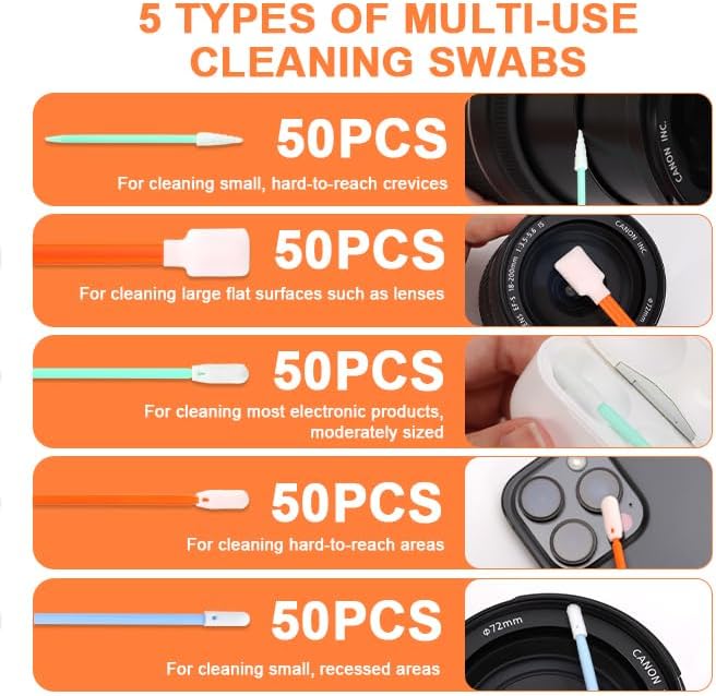 250 Pcs Foam Cleaning Swab Kit 5 Types Lint-Free Foam Swab Sticks
