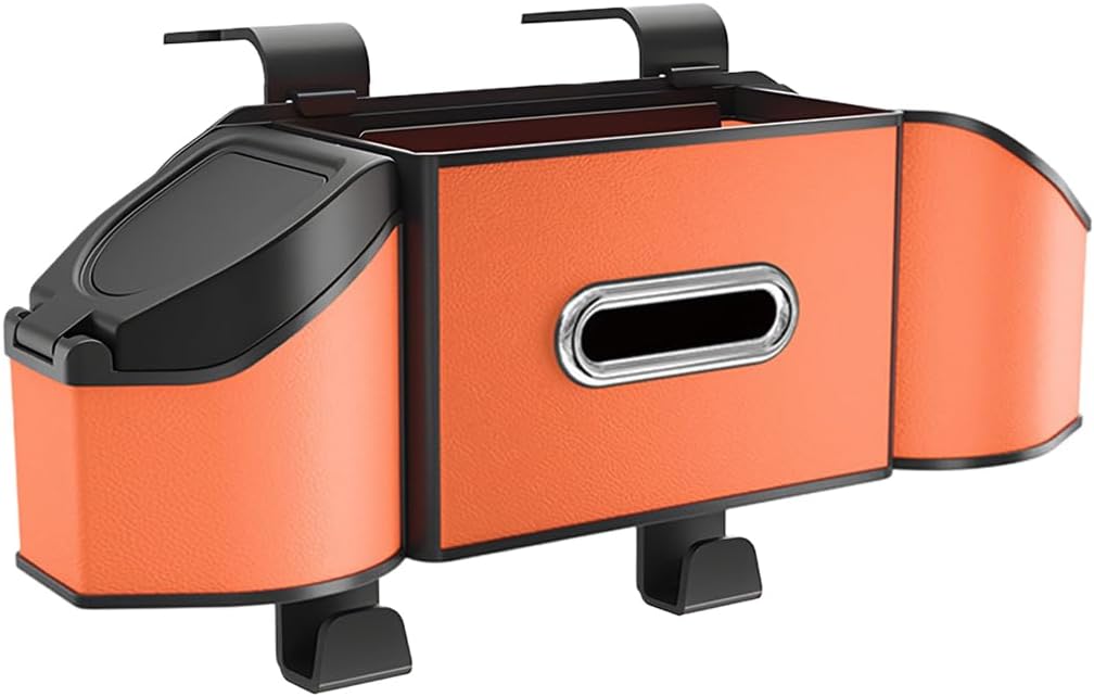 HZEL Car Seat Back Organizer, 7 in 1 Vehicle Backseat Storage Box with Cup Holder Tissue Box Trash Bin & Hooks, Multifunctional Auto Interior Headrest Organizer, Universal for SUV RV Truck (Orange)