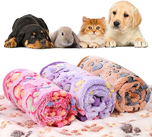Tatuo 4 Pcs Dog Blanket for Pet Cat Blankets Indoor Puppy Teething Stuff Toys Paw Print Fleece Soft Blanket Sleep Mat for Guinea Pig Cage(White, Coffee, Pink, Purple,Medium(30 x 20.5 Inch),Square)
