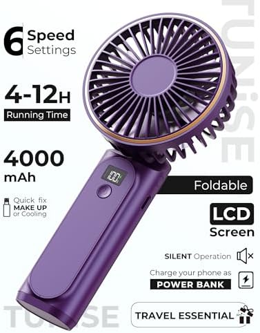 TUNISE Portable Handheld Fan, 4000mAh, 180 Adjustable, 6 Speed Wind, USB Rechargeable Foldable Fan with Real-Time Electricity Display