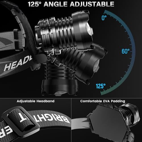 AKNEAR Rechargeable LED Headlamp Super Bright, 99000 High Lumens Head Lamp Zoomable, 25Dys+ Runtime & 12 Mode & Lightweight Comfort & 125° Adjustable Waterproof Head Light for Outdoor