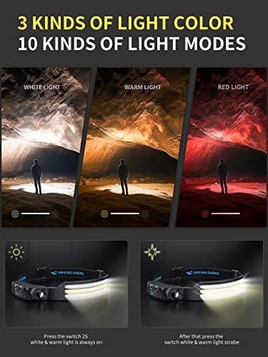 Smiling Shark LED Headlamp, 230°Wide Angle 3*Multi-Color Light Strips The Brightest Head Lamp Rechargeable with Motion Sensor Waterproof Headlight for Camping Hiking Outdoor, Head-Lamp-LED-Hat-Light