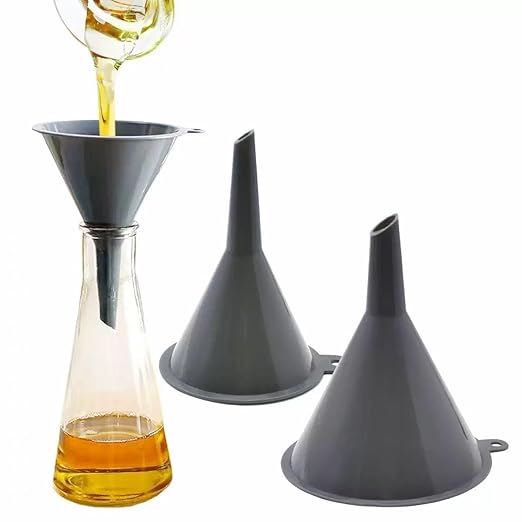 Plastic Kitchen Funnel Set of 3, Round Kitchen Funnels for Filling Bottles, Multifunctional Small Medium and Large Sizes for Canning, Lab or Car Oil Use (Gray)